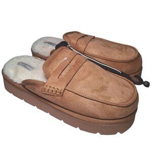 Falls Creek Platform Slippers Lined Brown Faux Fur Womens Large‎ 8 9 Winter Warm